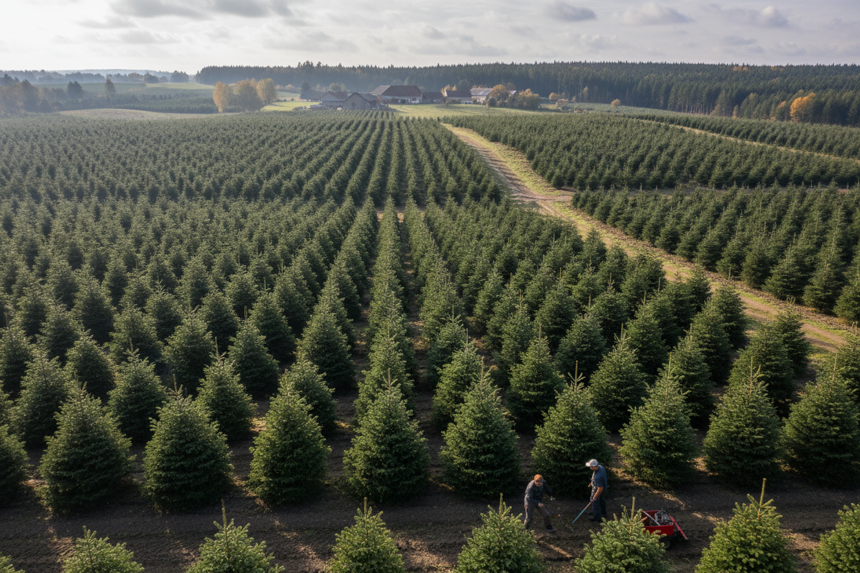 Dwóch pracowników pielęgnuje młode świerki na rozległej plantacji choinek w słoneczny dzień.